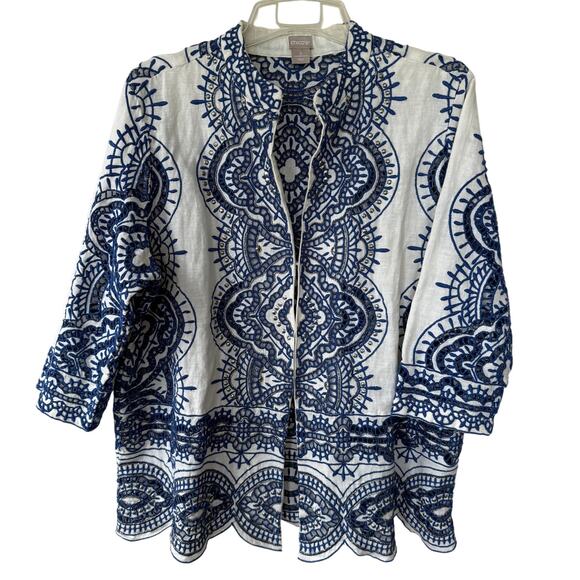 Chico’s LINEN Size 16 Cutouts beaded Silver thread Jacket blue white - Picture 1 of 9